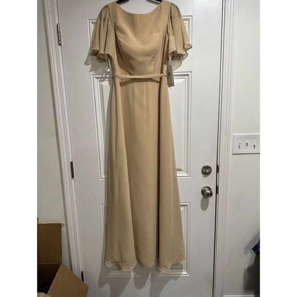 Babaroni Yvette Full Length Chiffon Dress Champagne Size 6 NWT Flutter Women’s - Picture 9 of 12